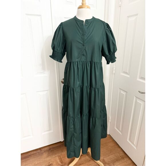 En Saison Womens Forest Green Tiered Poplin Midi Dress Size Large - Picture 1 of 7